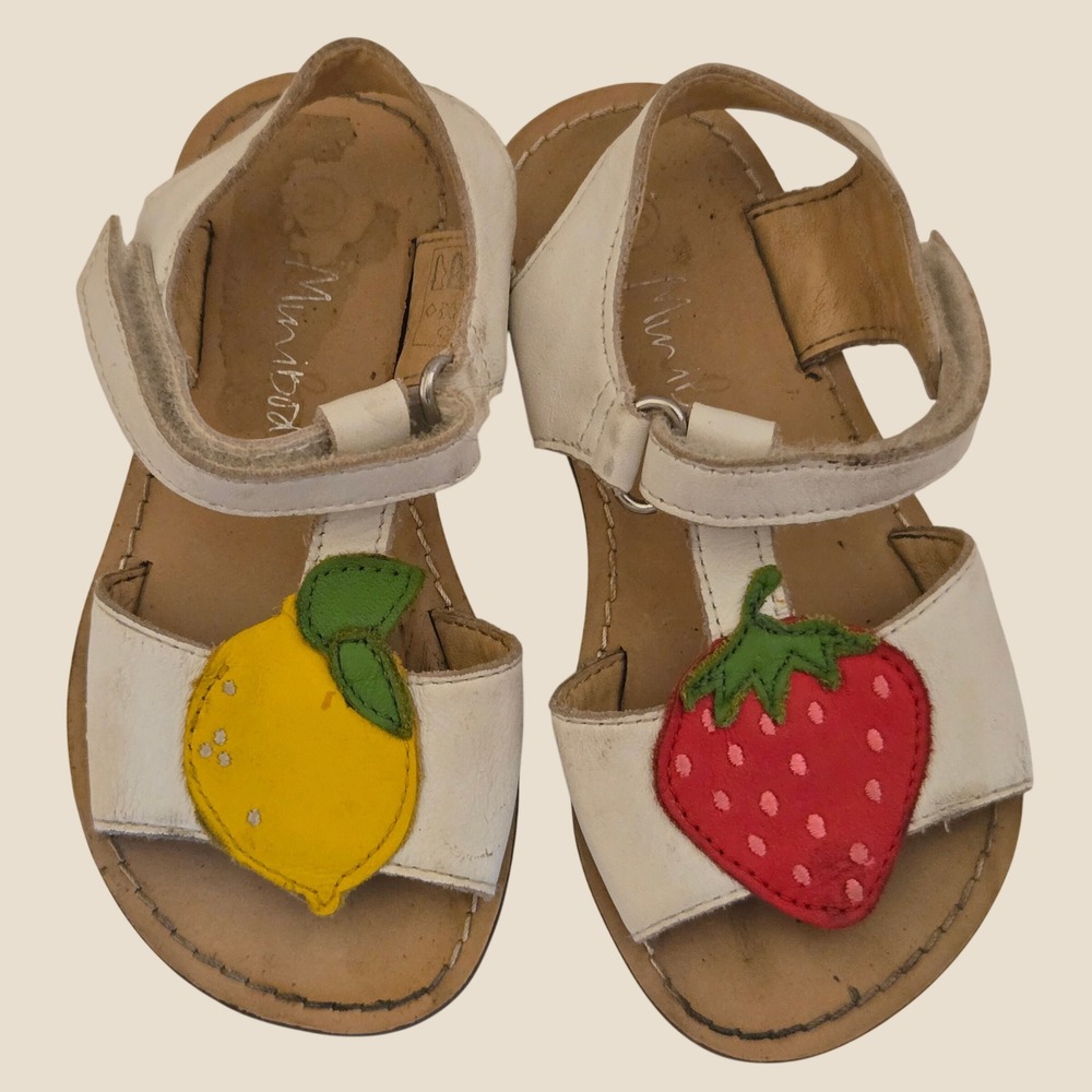 Minibird Kids White Leather Fruit Sandals Lemon Strawberry T-Strap Size 25/8.5c